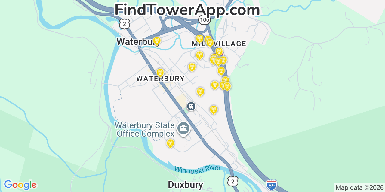 Map showing the 20 primary cell tower locations detected in Waterbury, Vermont from AT&T, Verizon, and T-Mobile networks