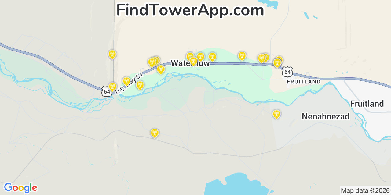 Map showing the 20 primary cell tower locations detected in Waterflow, New Mexico from AT&T, Verizon, and T-Mobile networks