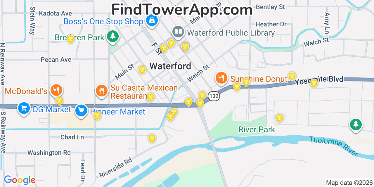 Map showing the 20 primary cell tower locations detected in Waterford, California from AT&T, Verizon, and T-Mobile networks