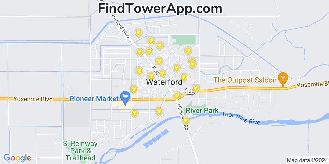 Verizon 4G/5G cell tower coverage map Waterford, California