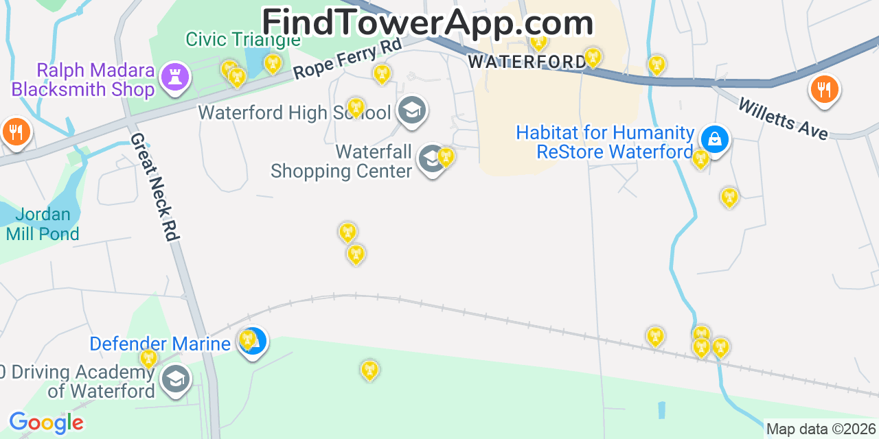 Map showing the 20 primary cell tower locations detected in Waterford, Connecticut from AT&T, Verizon, and T-Mobile networks