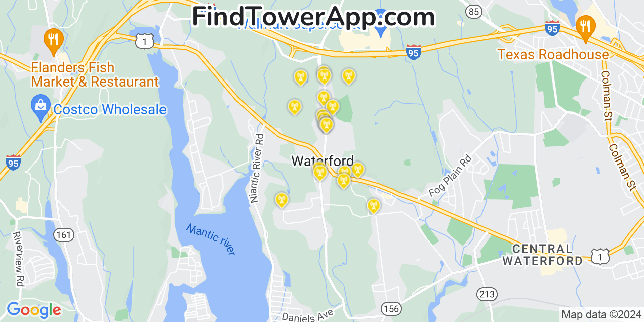 Verizon 4G/5G cell tower coverage map Waterford, Connecticut