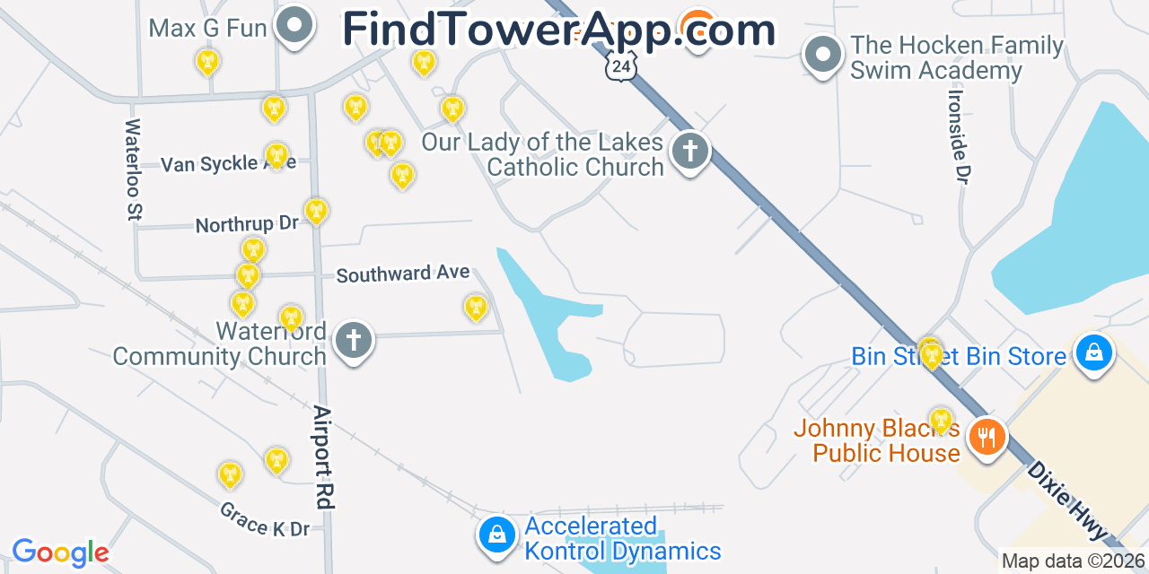 Map showing the 20 primary cell tower locations detected in Waterford, Michigan from AT&T, Verizon, and T-Mobile networks