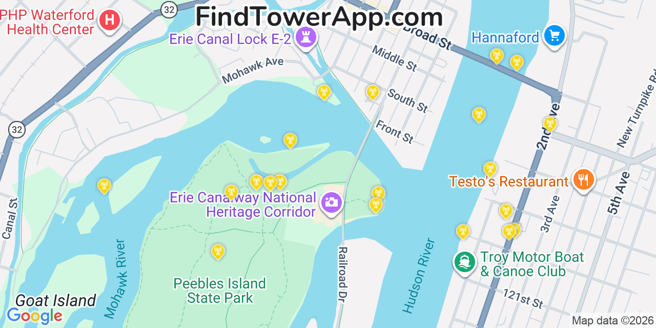 Map showing the 20 primary cell tower locations detected in Waterford, New York from AT&T, Verizon, and T-Mobile networks