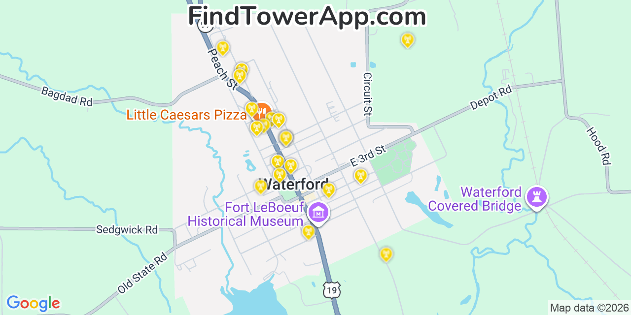 Map showing the 20 primary cell tower locations detected in Waterford, Pennsylvania from AT&T, Verizon, and T-Mobile networks