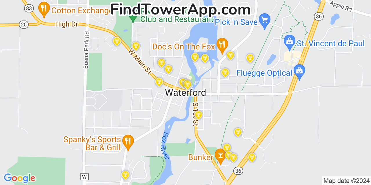 AT&T 4G/5G cell tower coverage map Waterford, Wisconsin