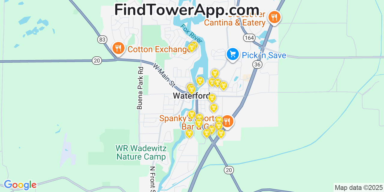 Map showing the 20 primary cell tower locations detected in Waterford, Wisconsin from AT&T, Verizon, and T-Mobile networks
