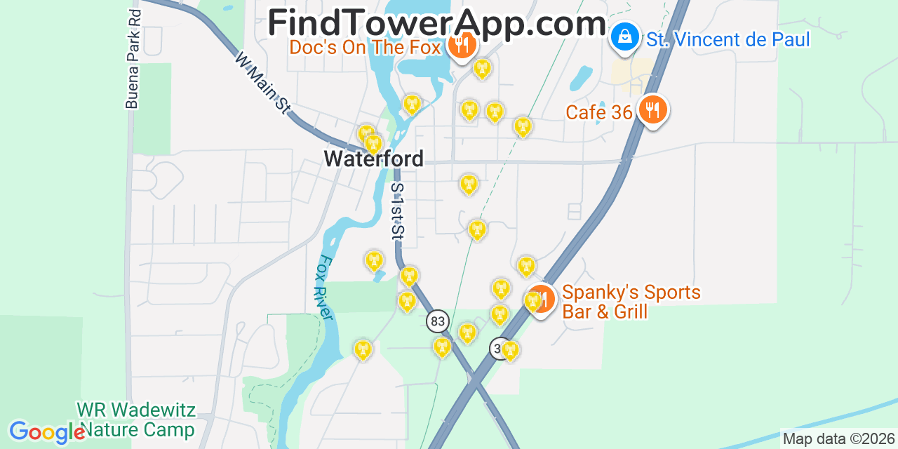 Map showing the 20 primary cell tower locations detected in Waterford, Wisconsin from AT&T, Verizon, and T-Mobile networks