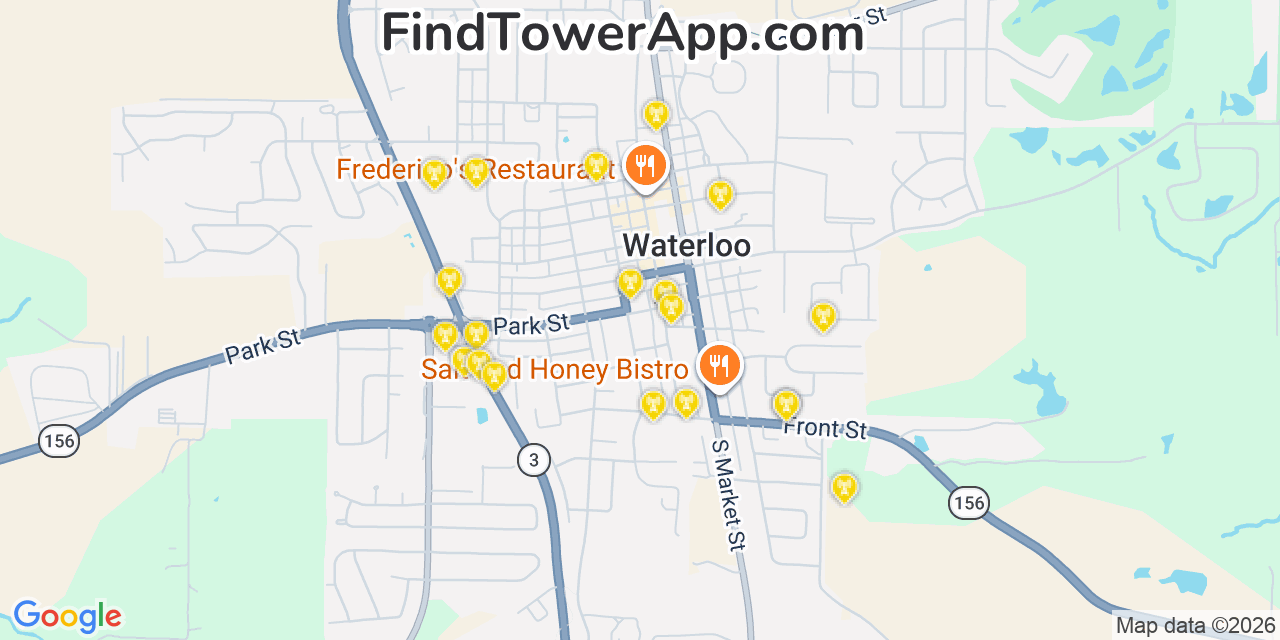Map showing the 20 primary cell tower locations detected in Waterloo, Illinois from AT&T, Verizon, and T-Mobile networks