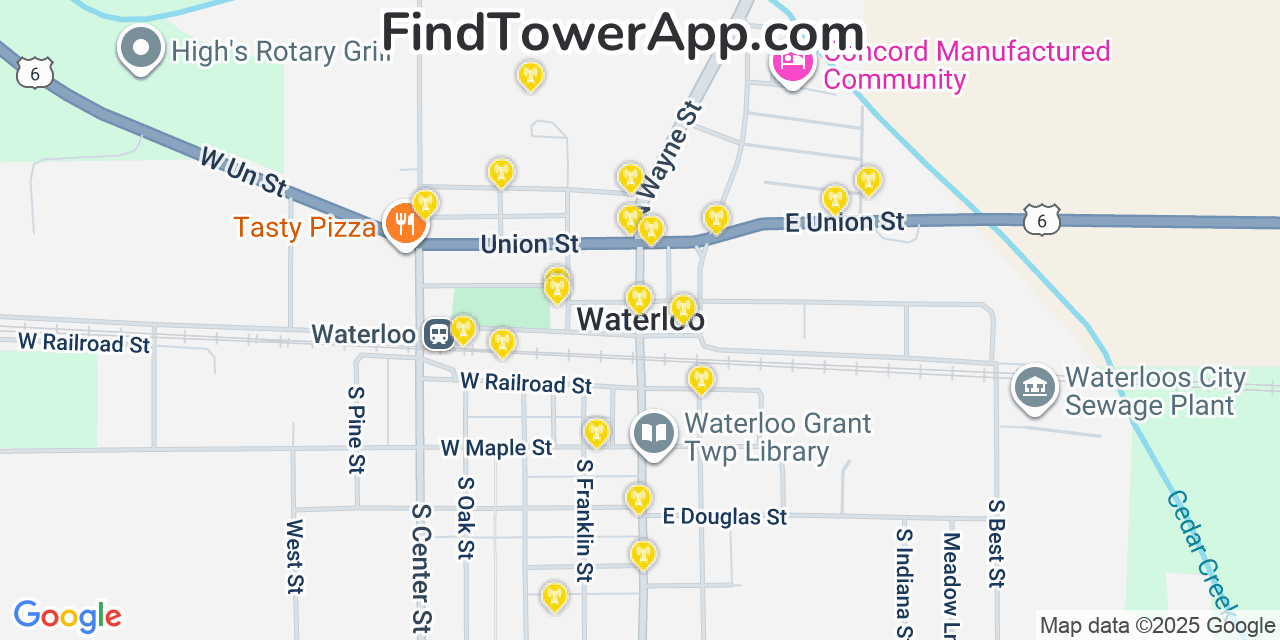 Map showing the 20 primary cell tower locations detected in Waterloo, Indiana from AT&T, Verizon, and T-Mobile networks