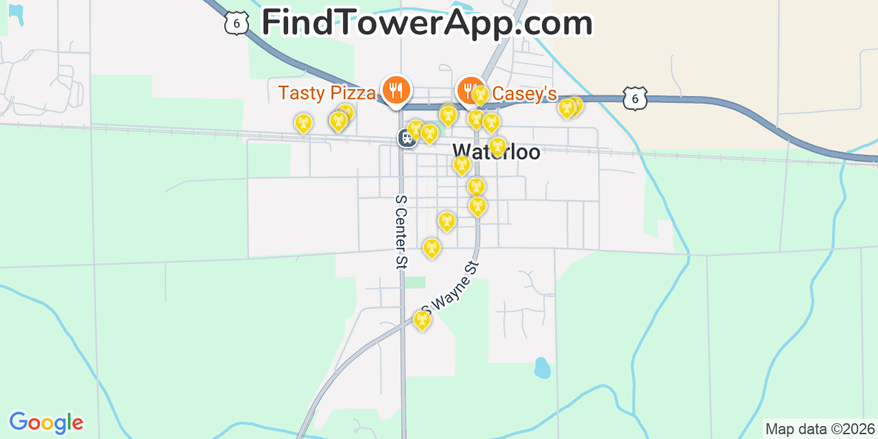 Map showing the 20 primary cell tower locations detected in Waterloo, Indiana from AT&T, Verizon, and T-Mobile networks