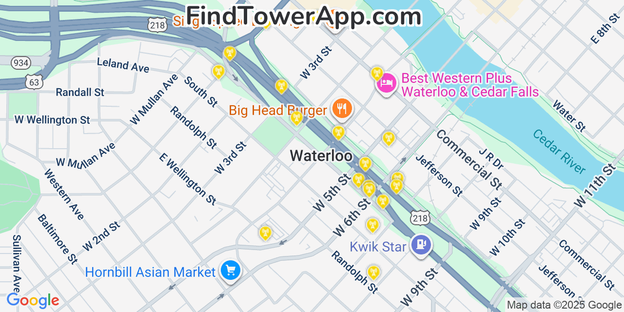 Map showing the 20 primary cell tower locations detected in Waterloo, Iowa from AT&T, Verizon, and T-Mobile networks
