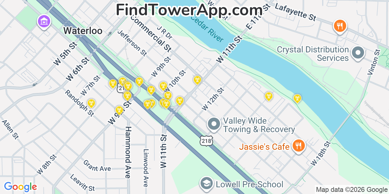 Map showing the 20 primary cell tower locations detected in Waterloo, Iowa from AT&T, Verizon, and T-Mobile networks