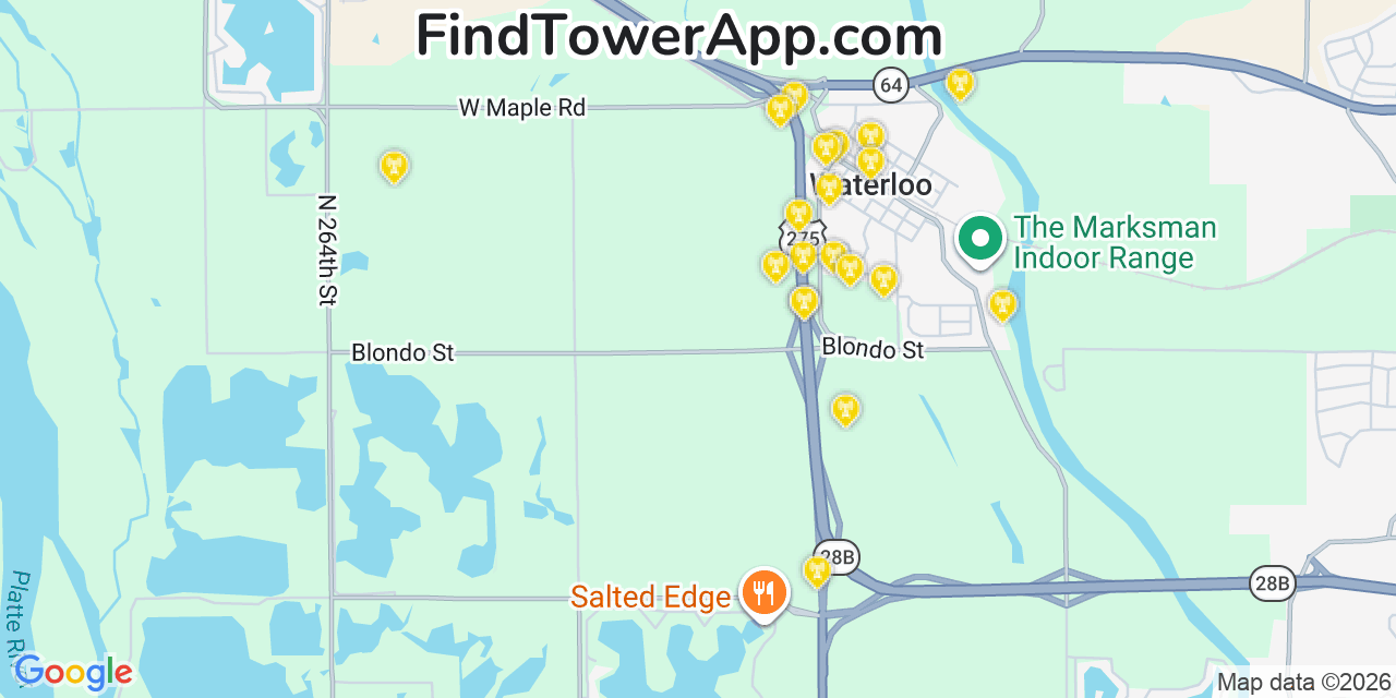 Map showing the 20 primary cell tower locations detected in Waterloo, Nebraska from AT&T, Verizon, and T-Mobile networks