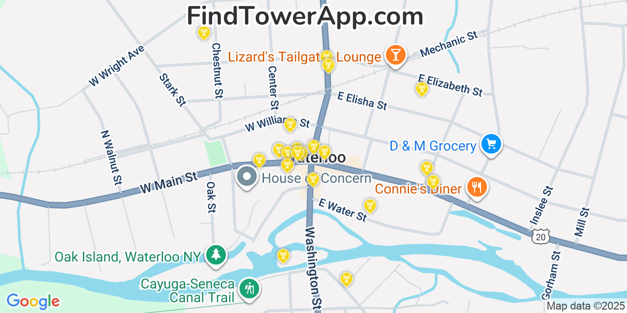 Map showing the 20 primary cell tower locations detected in Waterloo, New York from AT&T, Verizon, and T-Mobile networks