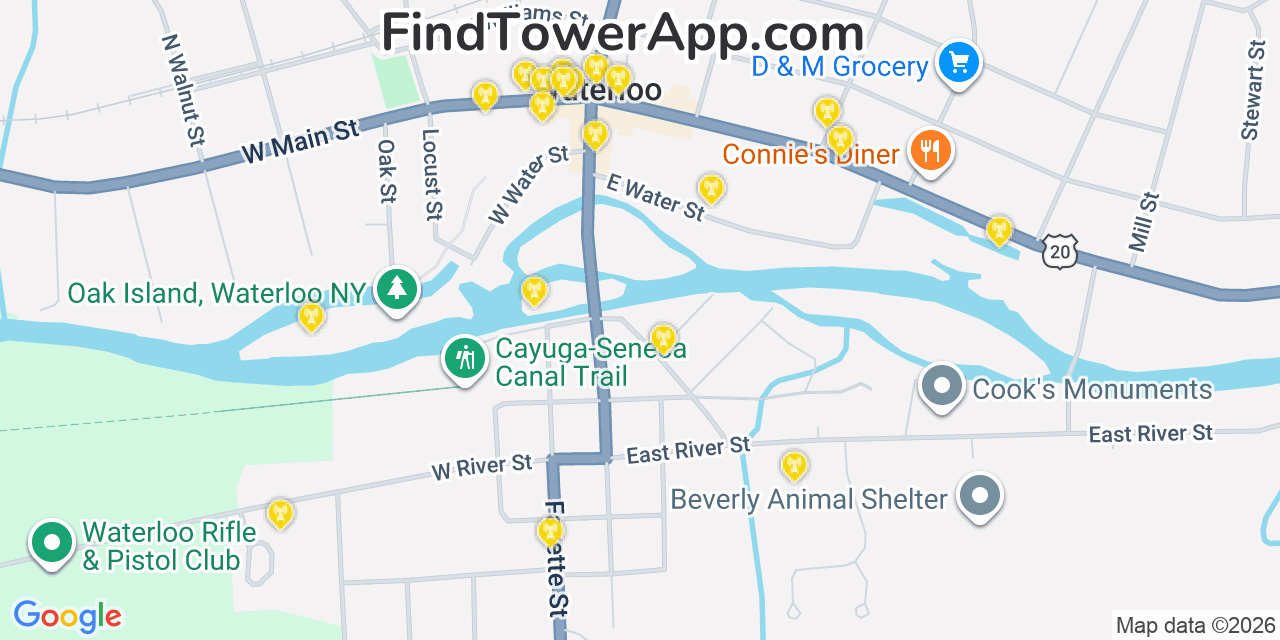 Map showing the 20 primary cell tower locations detected in Waterloo, New York from AT&T, Verizon, and T-Mobile networks