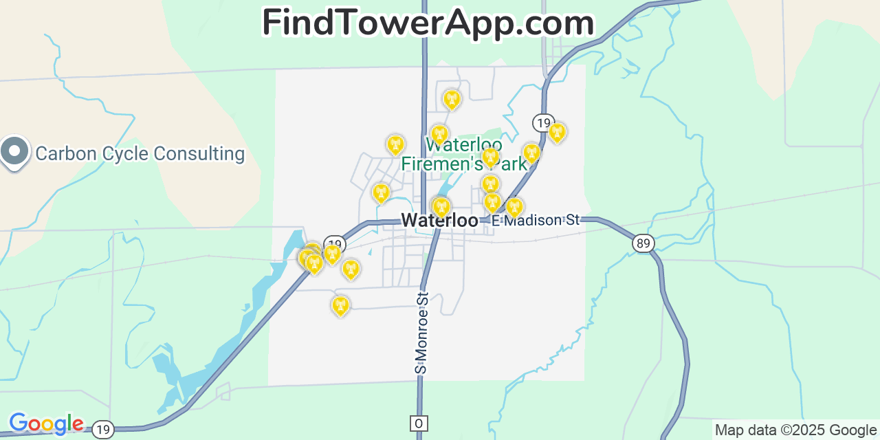 Map showing the 20 primary cell tower locations detected in Waterloo, Wisconsin from AT&T, Verizon, and T-Mobile networks
