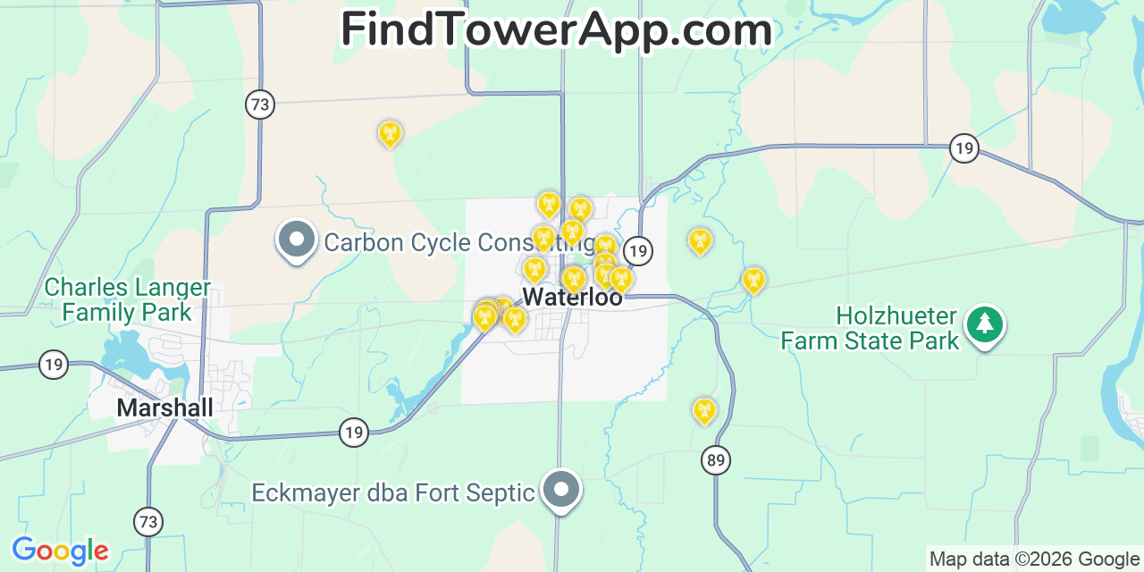 Map showing the 20 primary cell tower locations detected in Waterloo, Wisconsin from AT&T, Verizon, and T-Mobile networks
