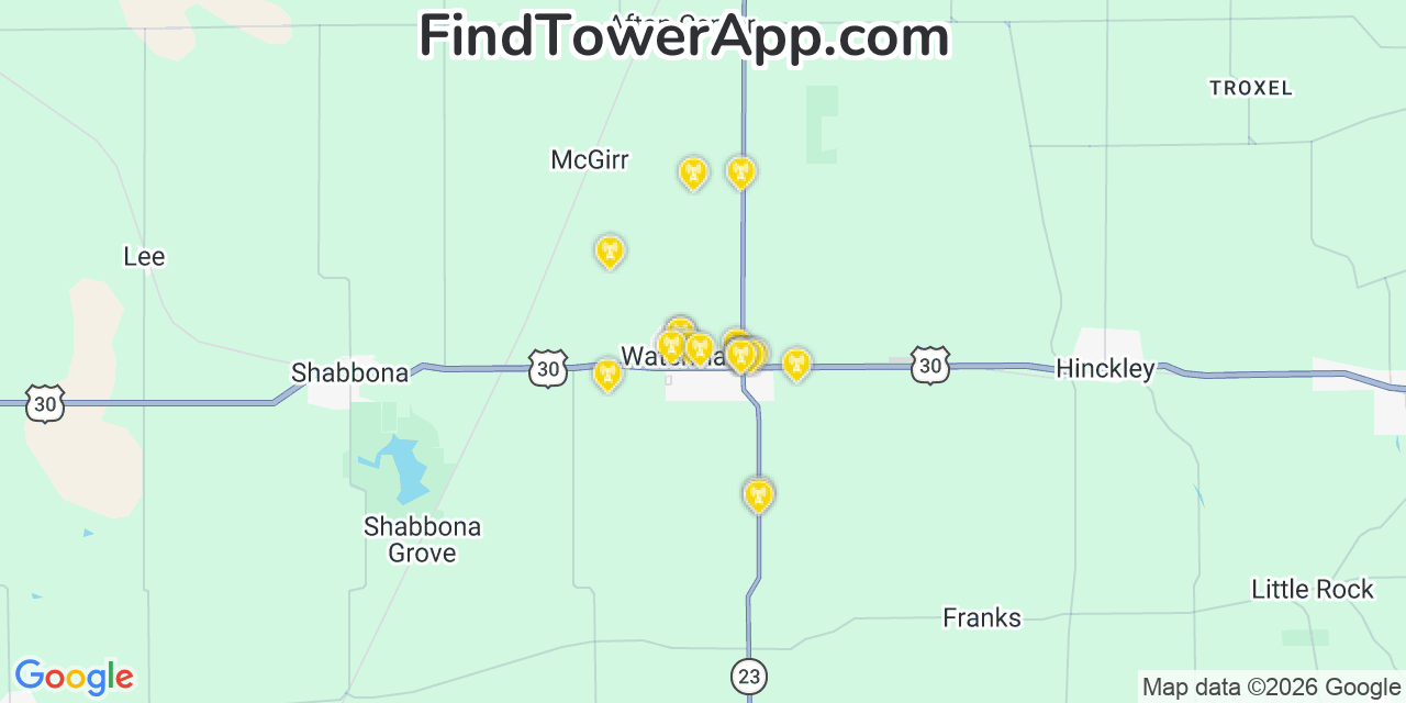 Map showing the 20 primary cell tower locations detected in Waterman, Illinois from AT&T, Verizon, and T-Mobile networks