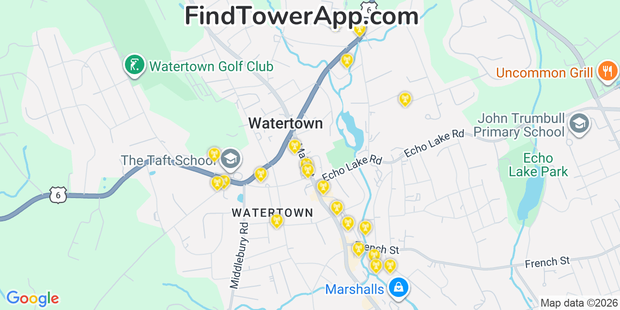 Map showing the 20 primary cell tower locations detected in Watertown, Connecticut from AT&T, Verizon, and T-Mobile networks