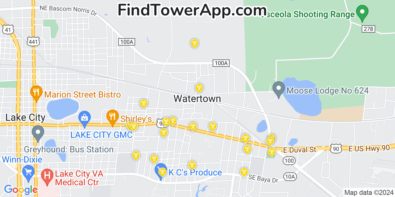 AT&T 4G/5G cell tower coverage map Watertown, Florida