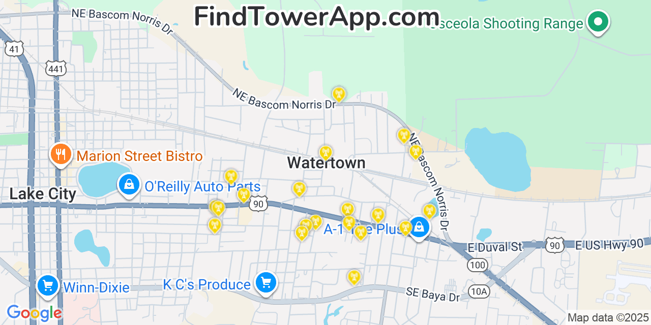 Map showing the 20 primary cell tower locations detected in Watertown, Florida from AT&T, Verizon, and T-Mobile networks