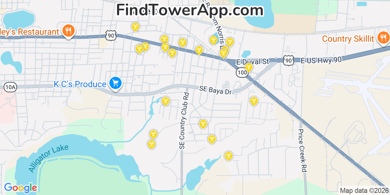 Map showing the 20 primary cell tower locations detected in Watertown, Florida from AT&T, Verizon, and T-Mobile networks