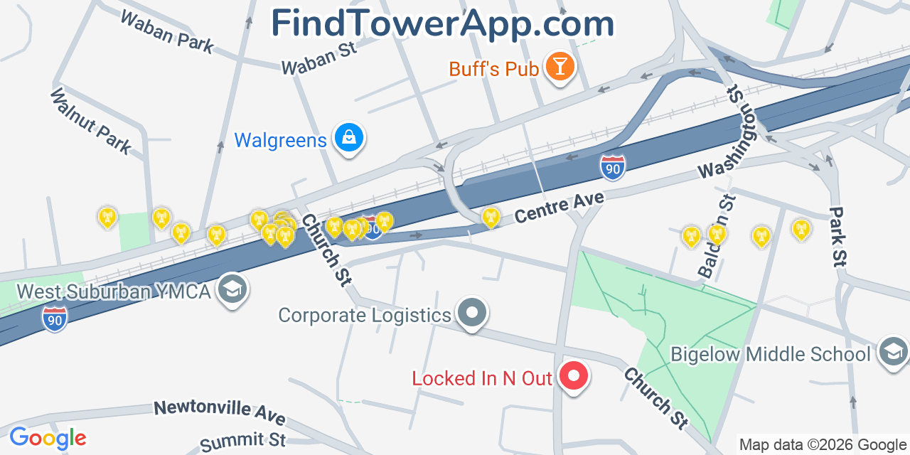 Map showing the 20 primary cell tower locations detected in Watertown, Massachusetts from AT&T, Verizon, and T-Mobile networks