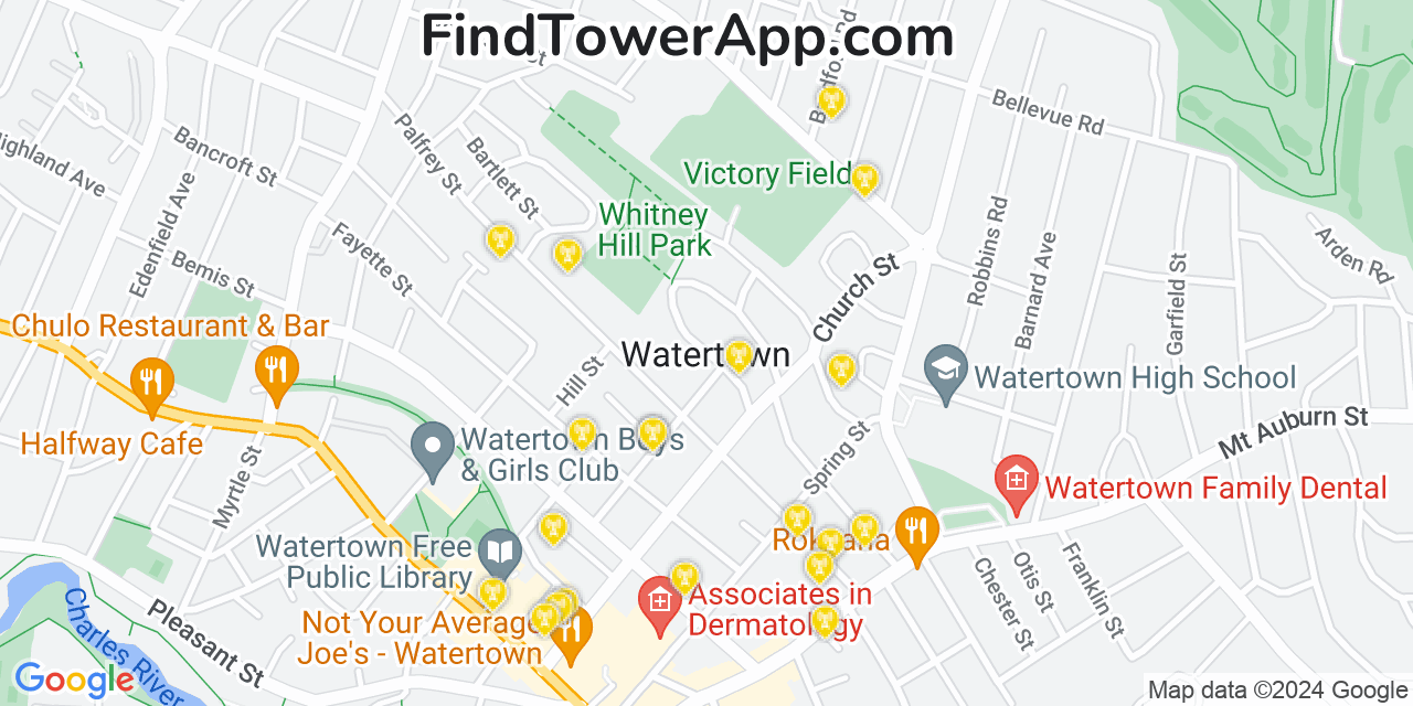 Verizon 4G/5G cell tower coverage map Watertown, Massachusetts