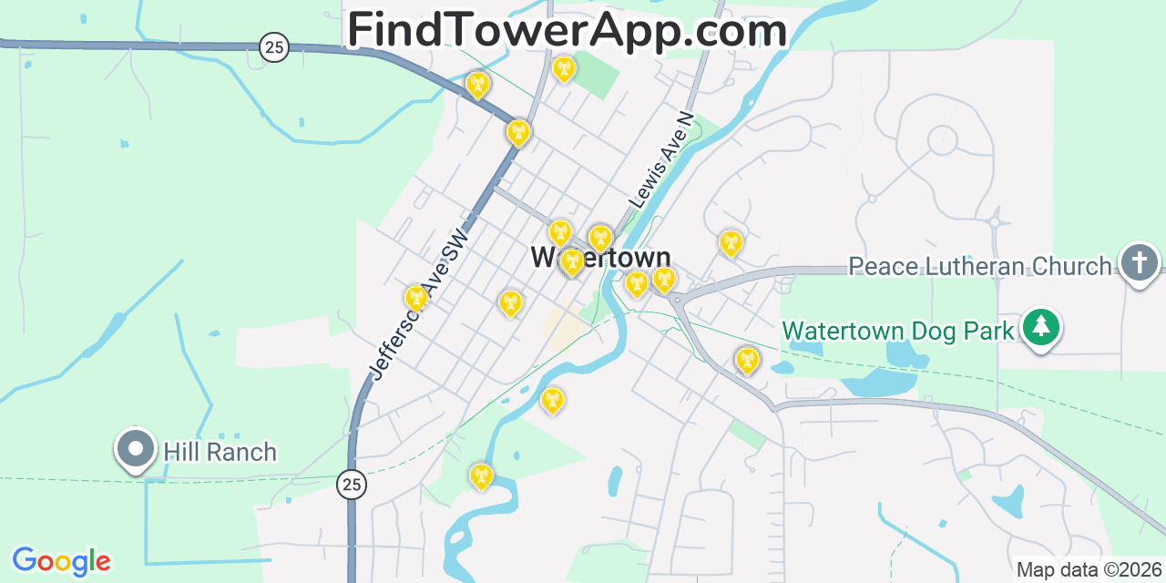 Map showing the 20 primary cell tower locations detected in Watertown, Minnesota from AT&T, Verizon, and T-Mobile networks