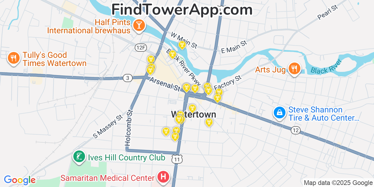 Map showing the 20 primary cell tower locations detected in Watertown, New York from AT&T, Verizon, and T-Mobile networks