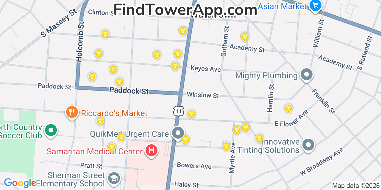 Map showing the 20 primary cell tower locations detected in Watertown, New York from AT&T, Verizon, and T-Mobile networks