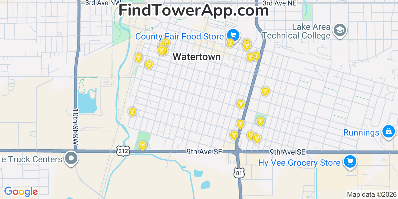 Map showing the 20 primary cell tower locations detected in Watertown, South Dakota from AT&T, Verizon, and T-Mobile networks
