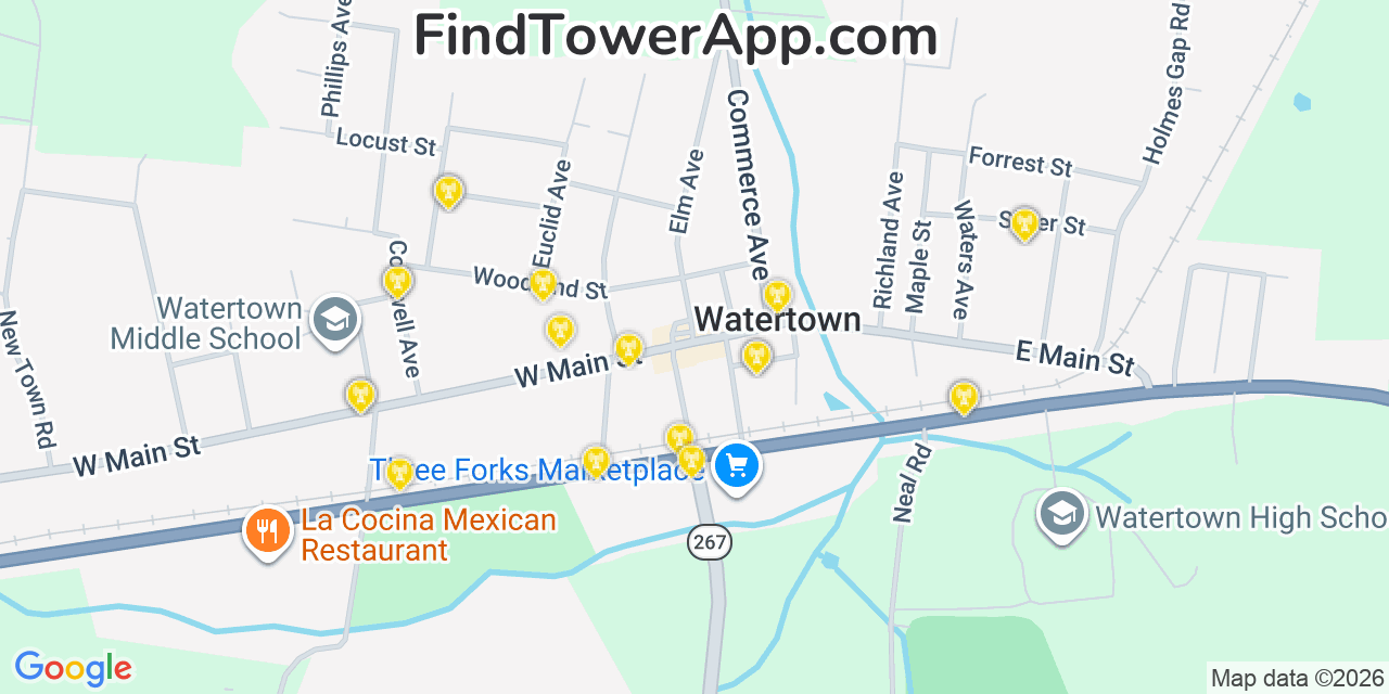 Map showing the 20 primary cell tower locations detected in Watertown, Tennessee from AT&T, Verizon, and T-Mobile networks