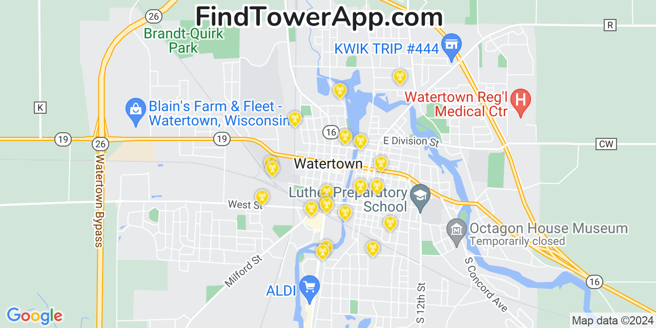 AT&T 4G/5G cell tower coverage map Watertown, Wisconsin