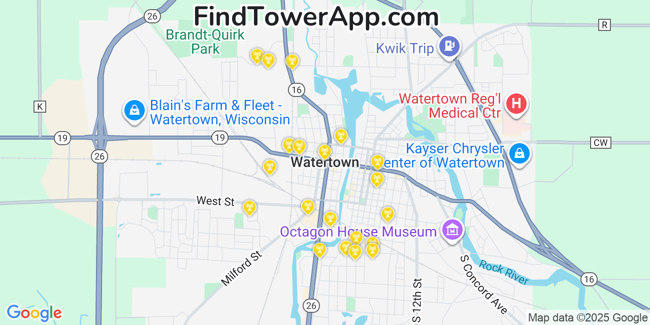 Map showing the 20 primary cell tower locations detected in Watertown, Wisconsin from AT&T, Verizon, and T-Mobile networks