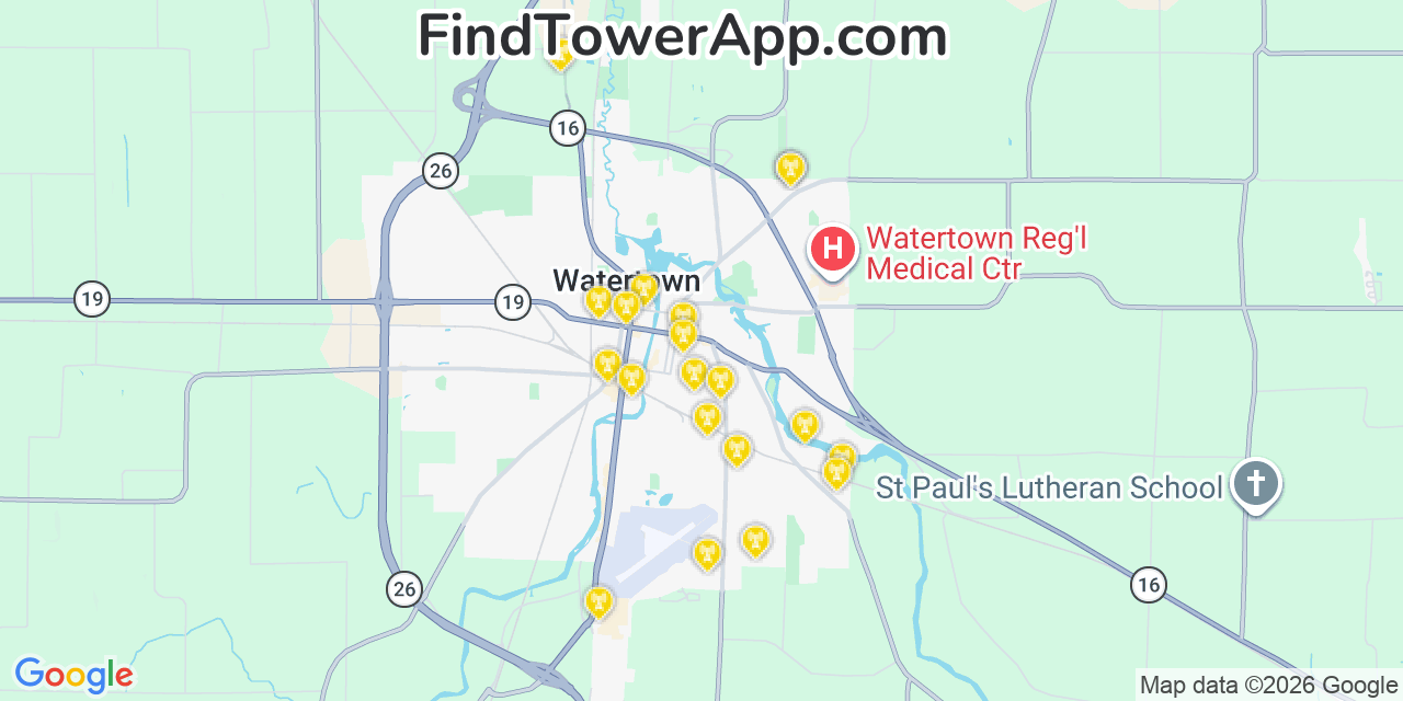 Map showing the 20 primary cell tower locations detected in Watertown, Wisconsin from AT&T, Verizon, and T-Mobile networks