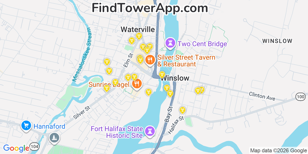 Map showing the 20 primary cell tower locations detected in Waterville, Maine from AT&T, Verizon, and T-Mobile networks