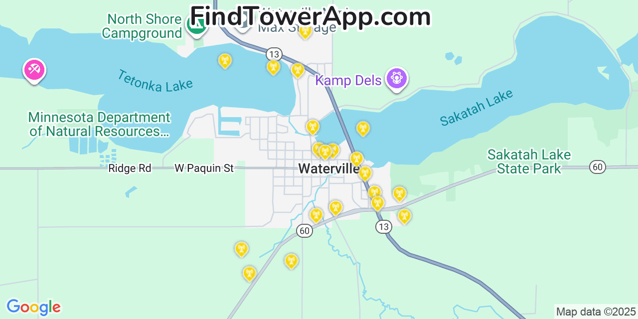 Map showing the 20 primary cell tower locations detected in Waterville, Minnesota from AT&T, Verizon, and T-Mobile networks