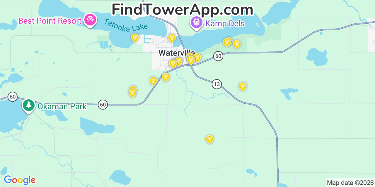 Map showing the 20 primary cell tower locations detected in Waterville, Minnesota from AT&T, Verizon, and T-Mobile networks