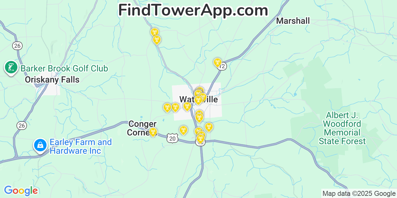 Map showing the 20 primary cell tower locations detected in Waterville, New York from AT&T, Verizon, and T-Mobile networks