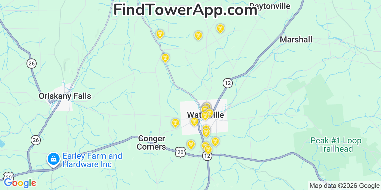 Map showing the 20 primary cell tower locations detected in Waterville, New York from AT&T, Verizon, and T-Mobile networks