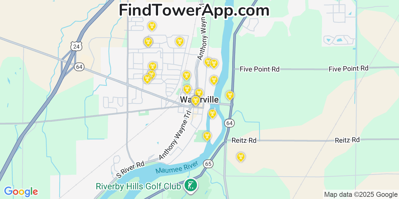 Map showing the 20 primary cell tower locations detected in Waterville, Ohio from AT&T, Verizon, and T-Mobile networks
