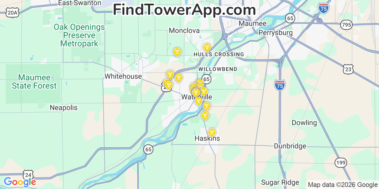 Map showing the 20 primary cell tower locations detected in Waterville, Ohio from AT&T, Verizon, and T-Mobile networks