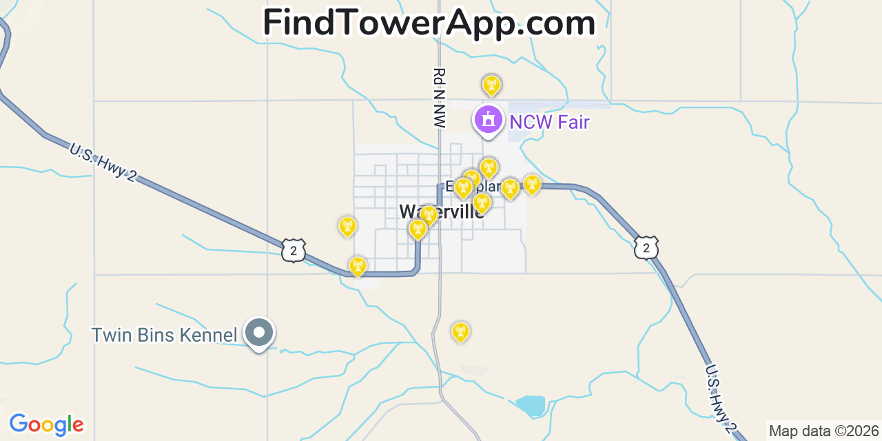 Map showing the 20 primary cell tower locations detected in Waterville, Washington from AT&T, Verizon, and T-Mobile networks