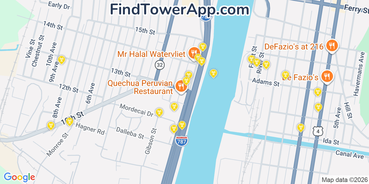 Map showing the 20 primary cell tower locations detected in Watervliet, New York from AT&T, Verizon, and T-Mobile networks