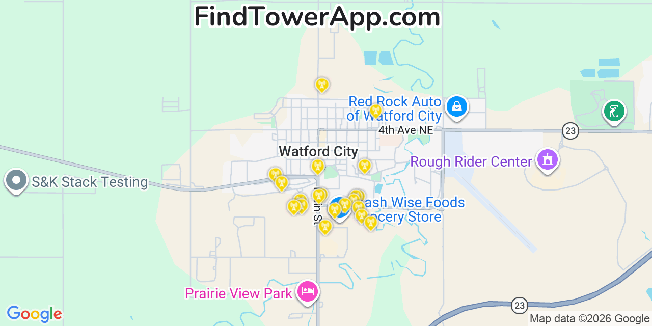 Map showing the 20 primary cell tower locations detected in Watford City, North Dakota from AT&T, Verizon, and T-Mobile networks