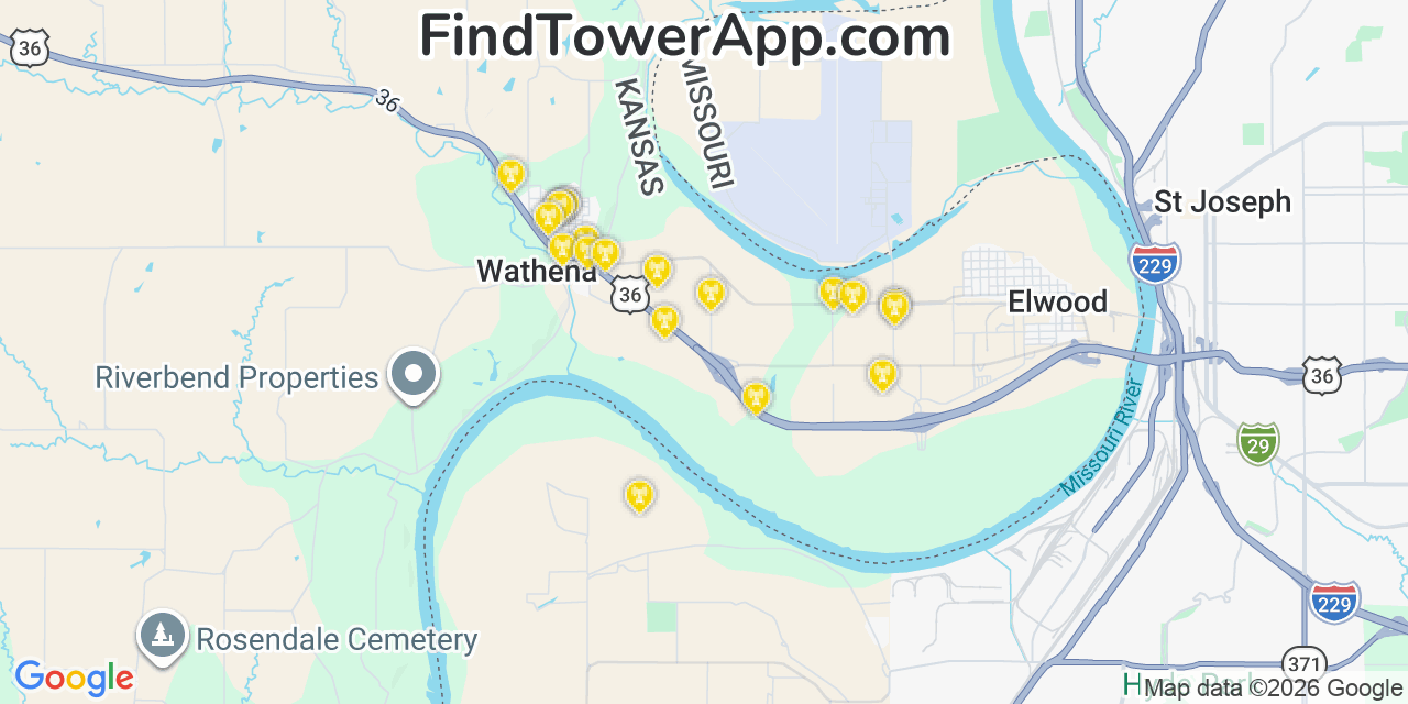 Map showing the 20 primary cell tower locations detected in Wathena, Kansas from AT&T, Verizon, and T-Mobile networks