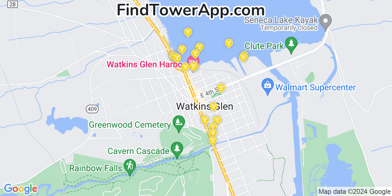 AT&T 4G/5G cell tower coverage map Watkins Glen, New York