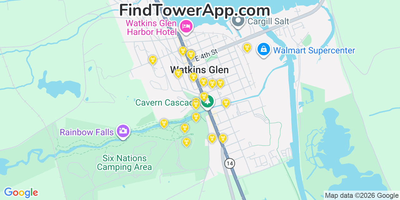 Map showing the 20 primary cell tower locations detected in Watkins Glen, New York from AT&T, Verizon, and T-Mobile networks
